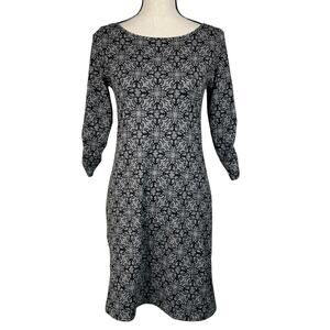 Soybu Small A-Line Mini Dress Floral Ruched 3/4 Sleeves Boat Neck Stretch Gray